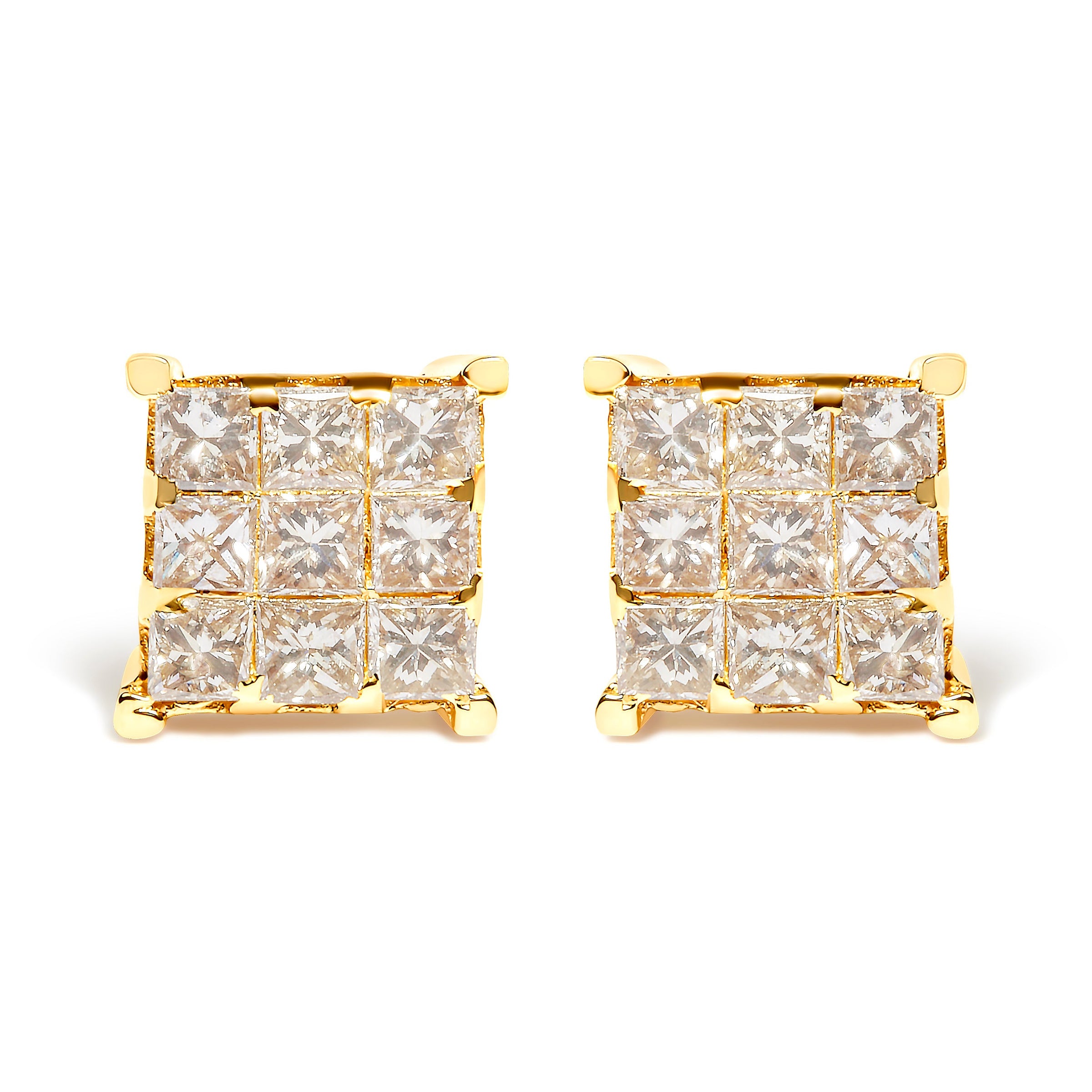 14K Yellow Gold 1 1/2 Cttw Invisible Set Princess-Cut Diamond 9 Stone Square Stud Earrings (J-K Color, SI2-I1 Clarity)