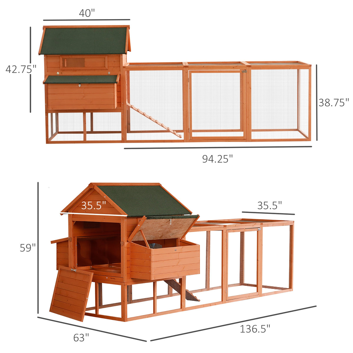 136.5" Chicken Coop Wooden Large Chicken House Deluxe Rabbit Hutch Lockable Poultry Hen Cage Backyard with Nesting Box a