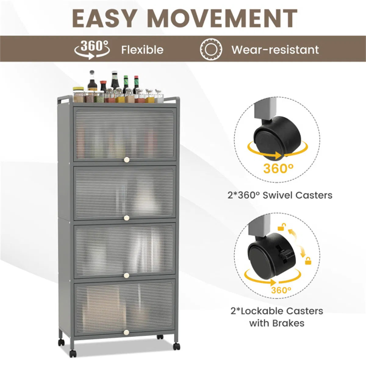 5-Tier Rolling Microwave Stand Flip Dust-Proof Doors 4 Casters with Brakes Kitchen Storage Rack Gray