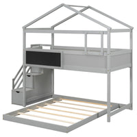 Twin over Full House Bunk Bed with Storage Staircase and Blackboard Gray