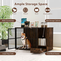 47.5 inch Dog Crate Furniture with Hidden Pull-out Bowls in Drawer for Small and Medium Dogs-Rustic Brown