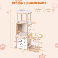 47 Inches Wooden Cat Tree with 2-Story Cat Condo and Basketball Hoop Hammock-Natural