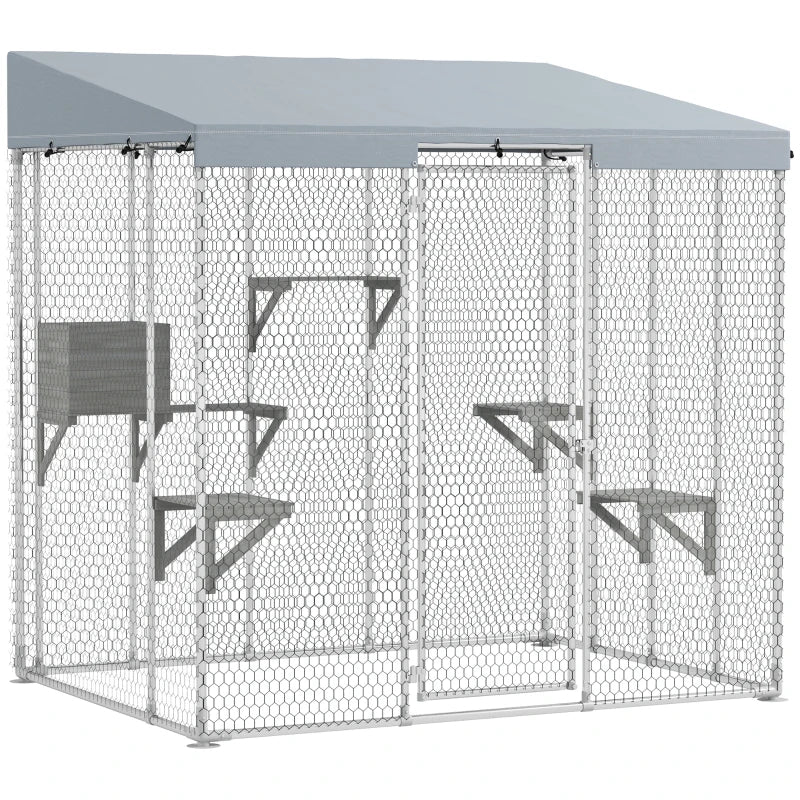 Galvanized Steel Large Catio With Waterproof Canopy, Sleeping Box, Jumping Platforms, For 1-3 Kittens, SilverMultiple Pa