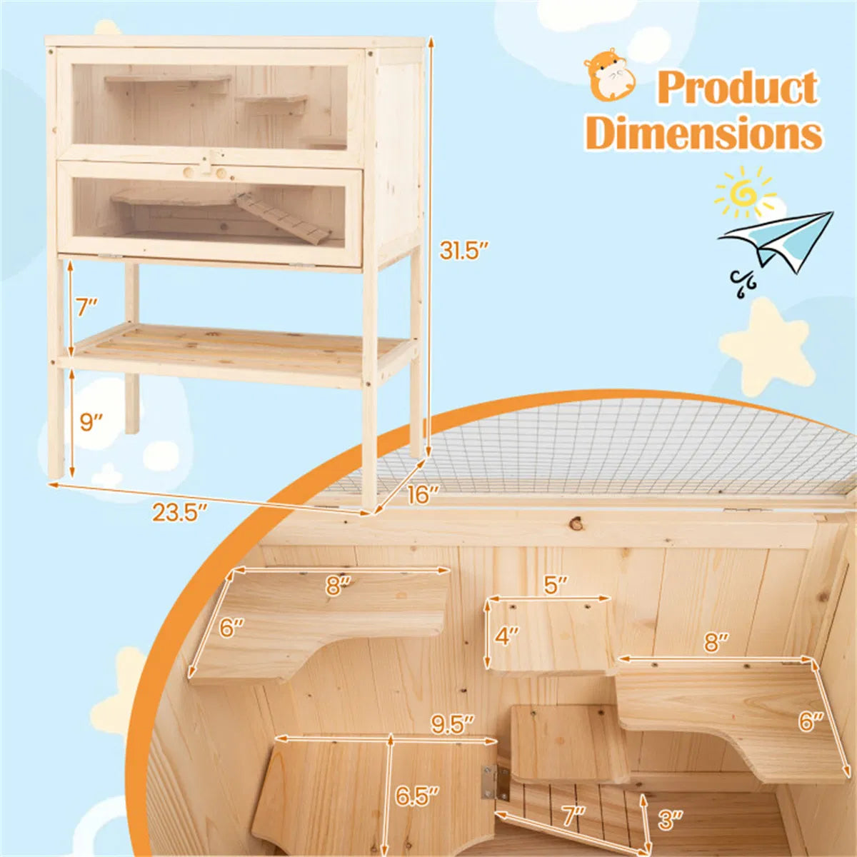 31.5 " Fir Wood Hamster Cage with Flip Mesh Roof, Multi-Level Activity Areas & Bottom Storage Shelf