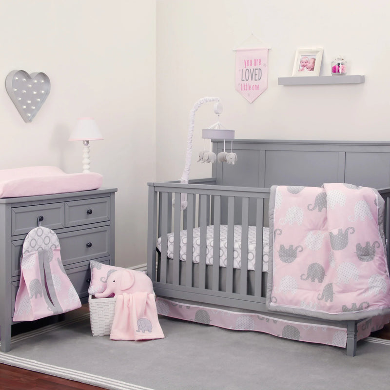 NoJo The Dreamer Pink and Grey Elephant 8 Piece Nursery Crib Bedding Set - BIG FRENCHIES