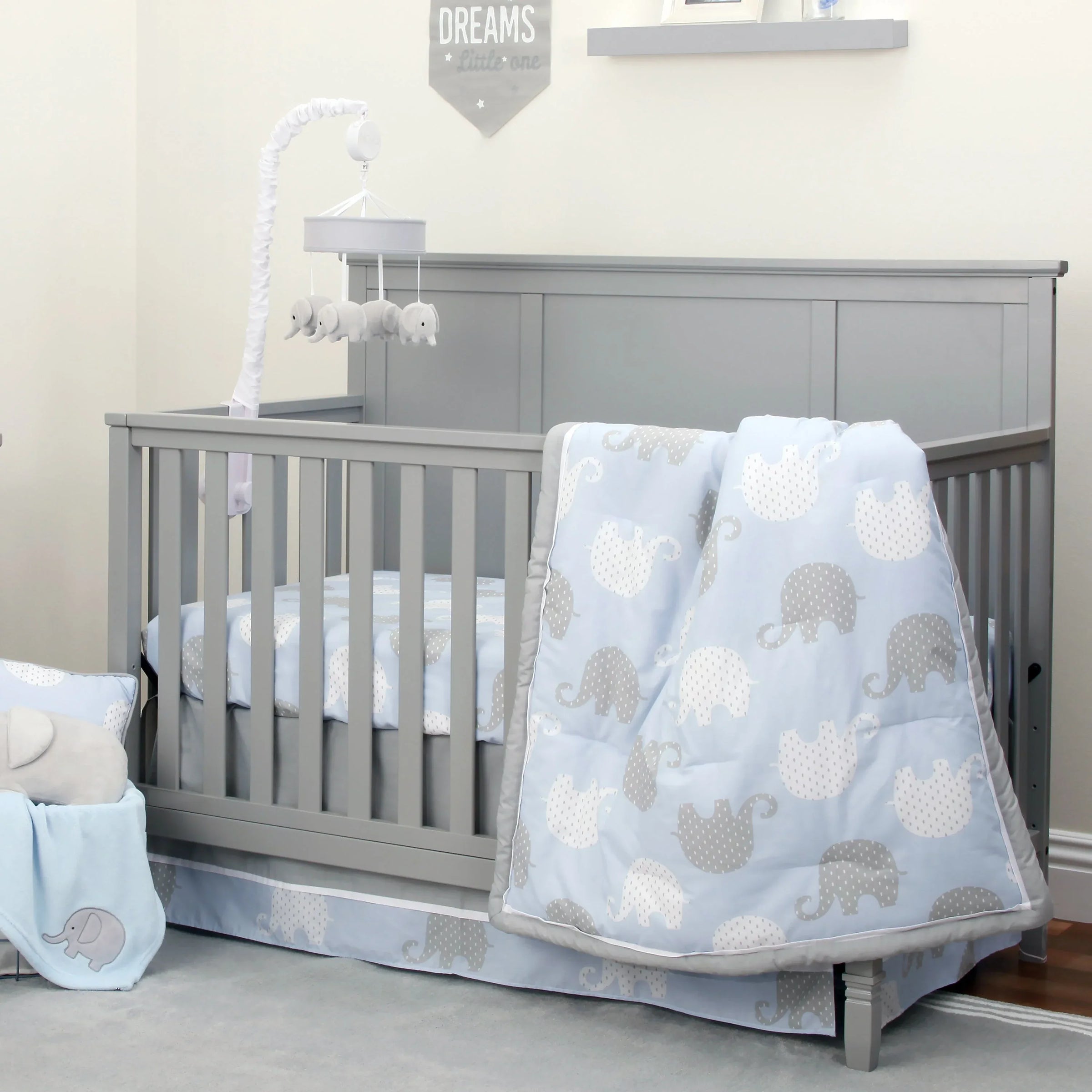 NoJo Dreamer Elephant Blue, Grey 8 Piece Nursery Crib Bedding Set - BIG FRENCHIES