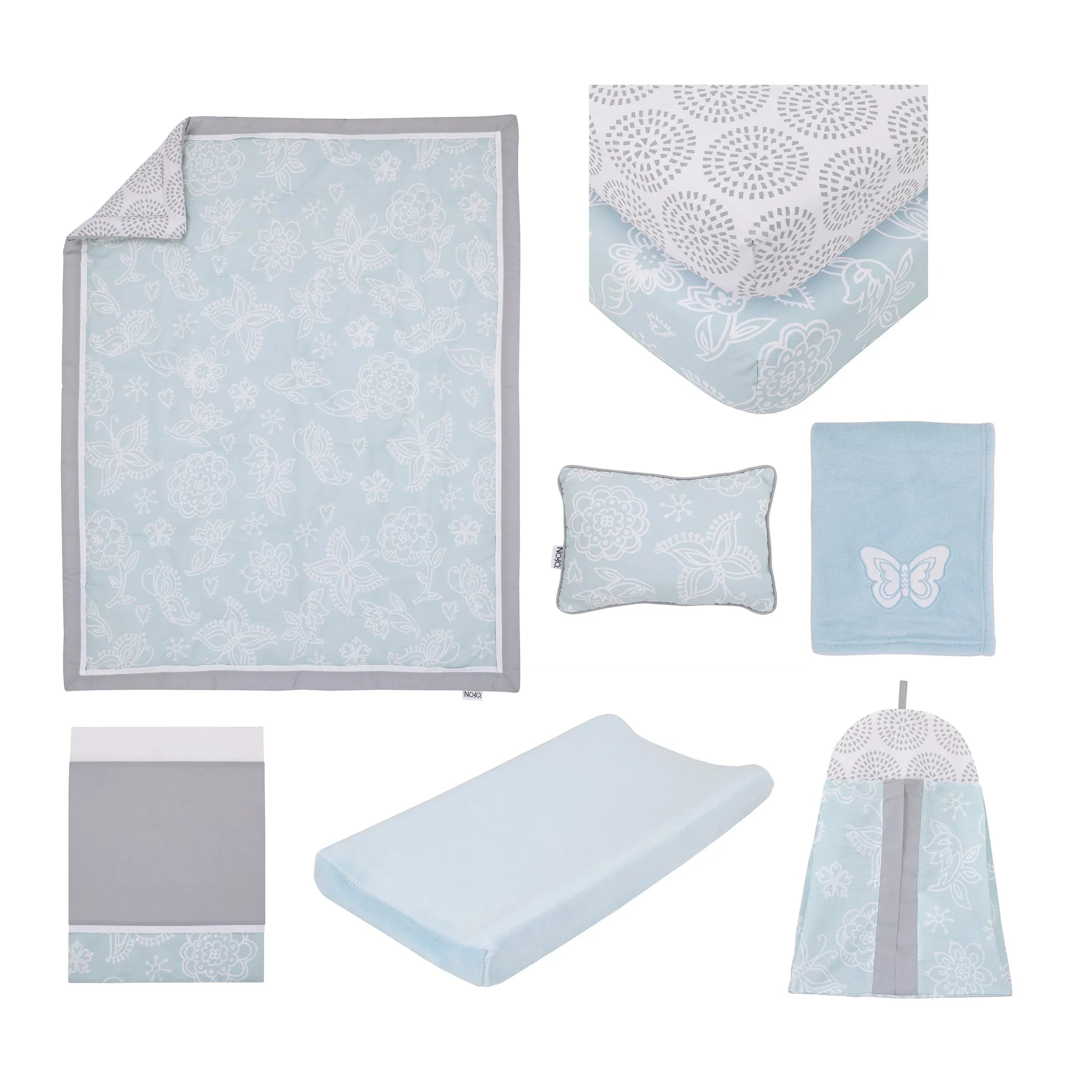 NoJo Dreamer Elephant Blue, Grey 8 Piece Nursery Crib Bedding Set - BIG FRENCHIES