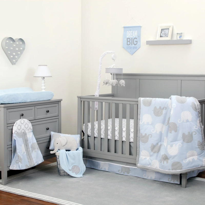 NoJo Dreamer Elephant Blue, Grey 8 Piece Nursery Crib Bedding Set - BIG FRENCHIES