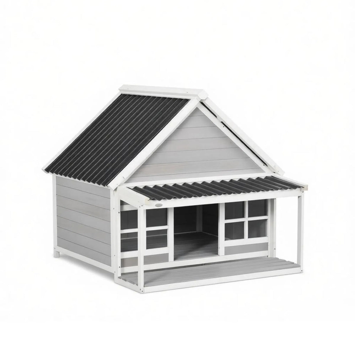 Wooden Dog House with Porch, Outdoor Weatherproof Dog House with Tilt Roof, Front Door and Windows, for Medium and Large