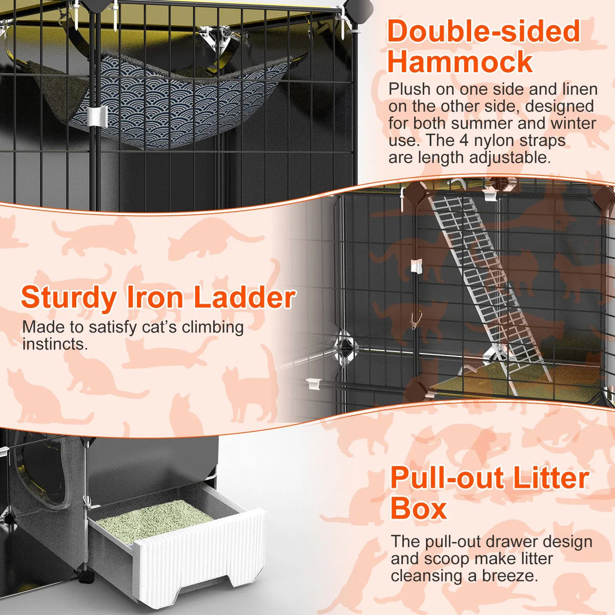 1Pc 3 Tier Cat Cage Indoor with Litter Box Hammock Detachable Metal Wire Cat Kennel Cat House Cat Enclosure with Ladder 