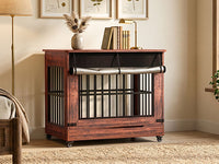 38in Dog Crate Furniture, Double Door Wooden Indoor Dog Kennel Furniture, Decorative Pet Cage End Table With Wheels For 