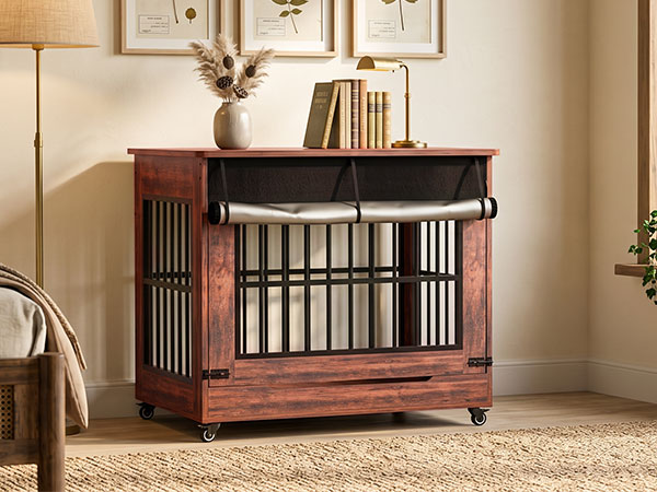 38in Dog Crate Furniture, Double Door Wooden Indoor Dog Kennel Furniture, Decorative Pet Cage End Table With Wheels For 