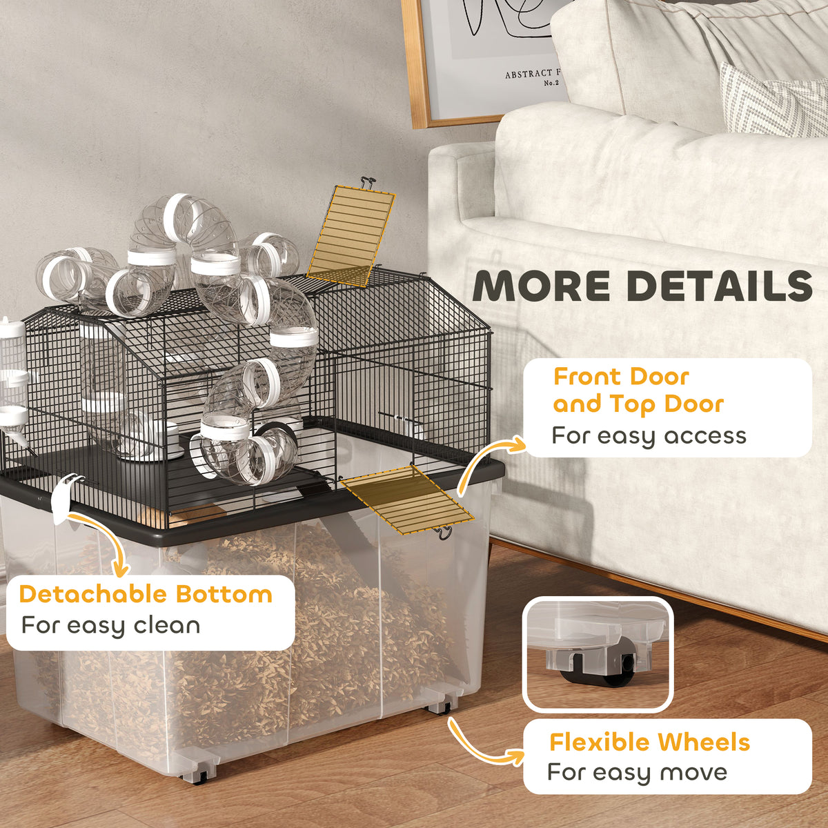 2 Tier Hamster Cage with 12" Deep Tray, Tube System, Water Bottle, Ramp, Feeding Bowl, 23" x 17" x 22", Black