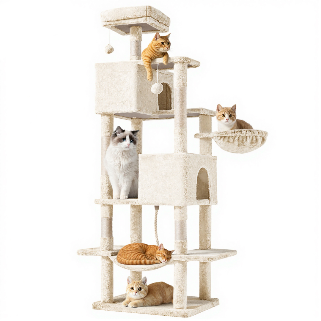 66 Inch Cat Tree Tower, Large Multi-Cat Climbing Extended Platform, Hammock, Pet House For Indoor Cats And Kittens Play
