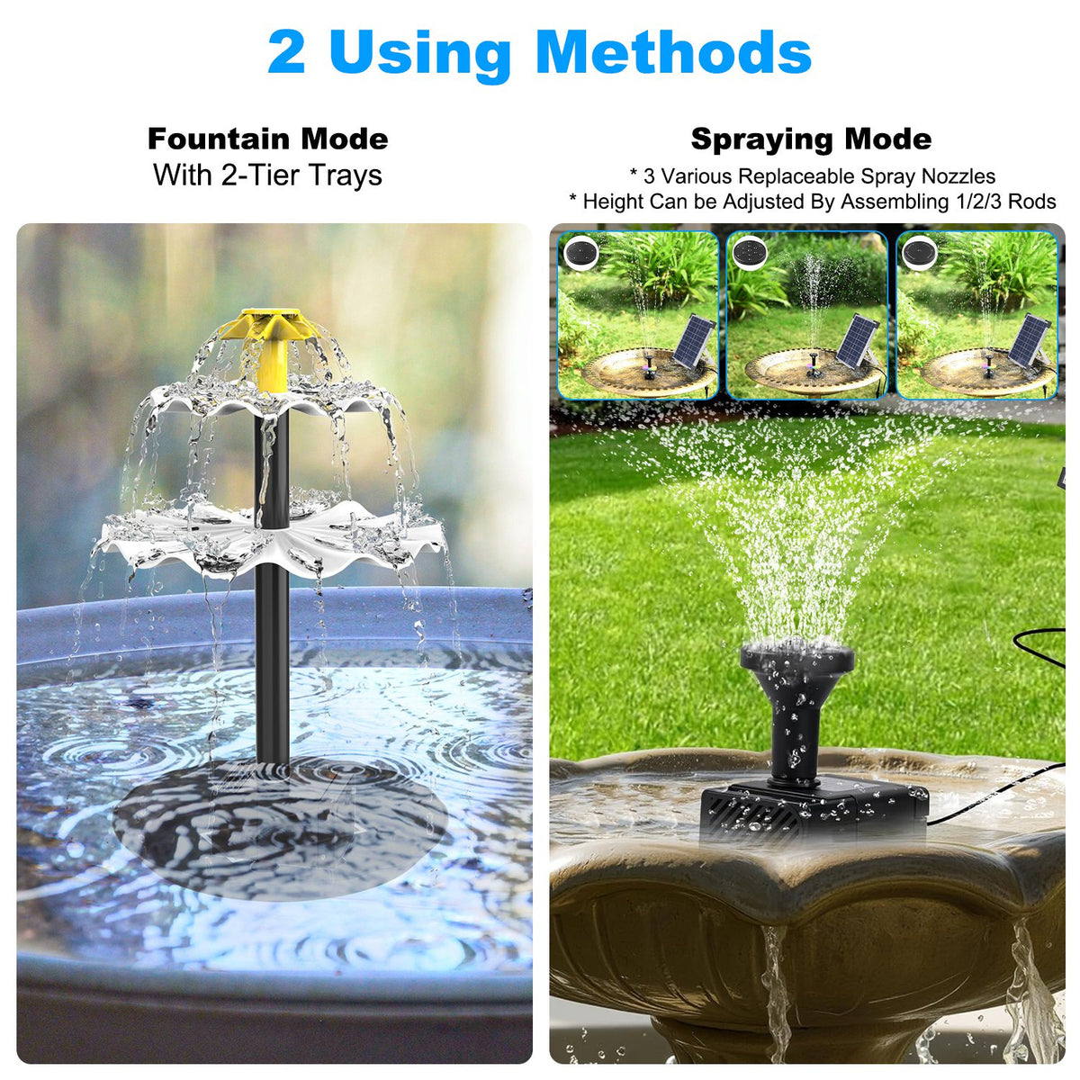 1Pc 3Tier Solar Bird Bath Fountain Solar Powered Water Fountain Waterfall Feature With Colorful Light 3 Nozzles 6W Solar