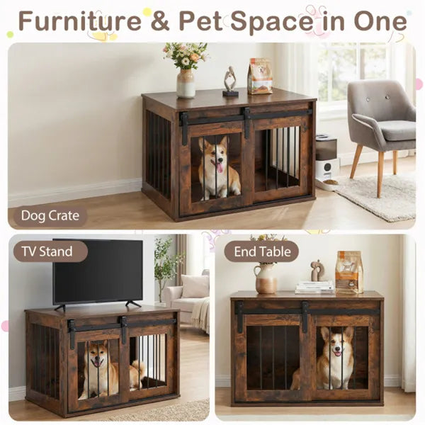 31.5" Dog Crate Furniture With Sliding Barn Door, Wooden Dog Kennel End Table For Indoor Use - Rustic Brown