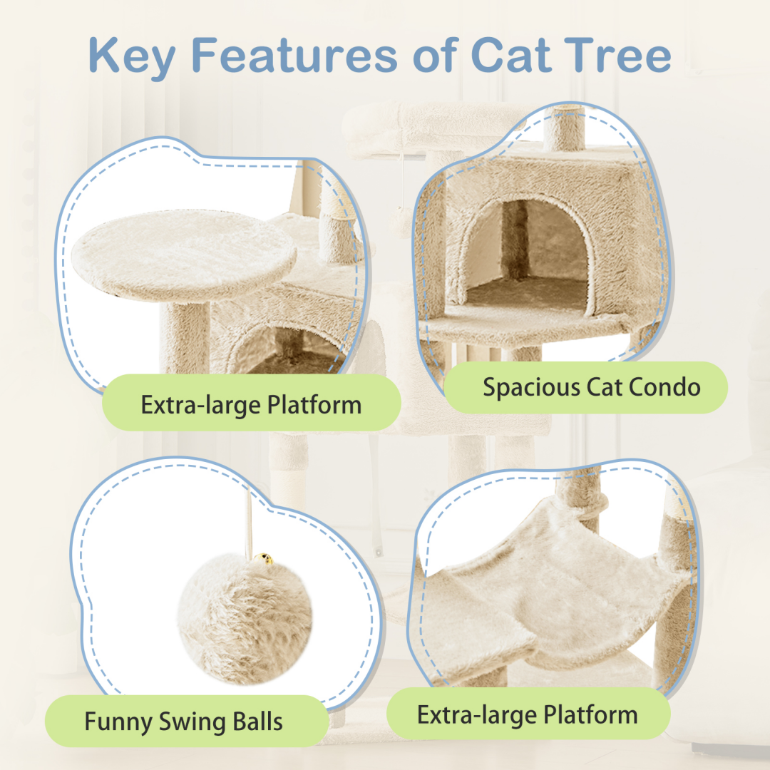44 Inch Cat Tree Tower, Multi-Cat Climbing Tower With, Natural Sisal Scratching Posts, Extended Platform, Hammock