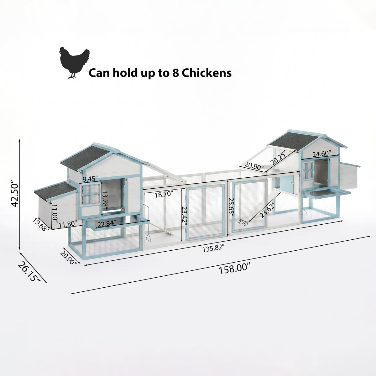Large Wooden Chicken Coop with Double Nesting Boxes, Outdoor Walk-In Chicken Run with Waterproof Asphalt Roof, Fir Wood 