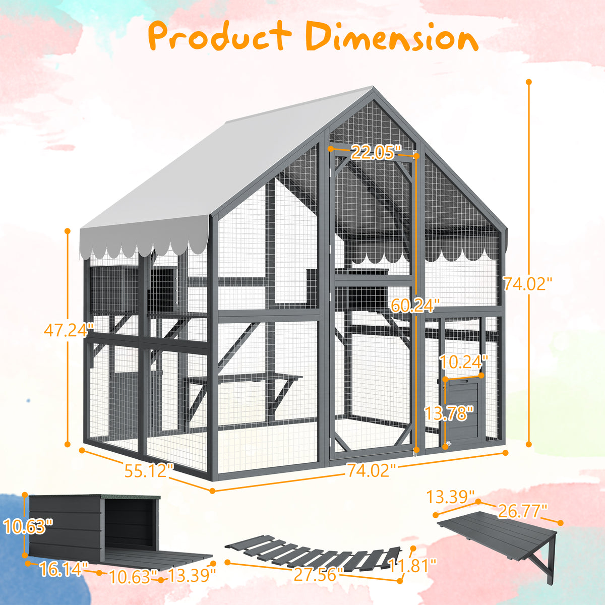 Large Outdoor Cat House, 28ft² Luxury Wooden Cat Run Enclosure Walk in Cat Catio Kitten Condo with 2 Cat Doors, 2 Plaype