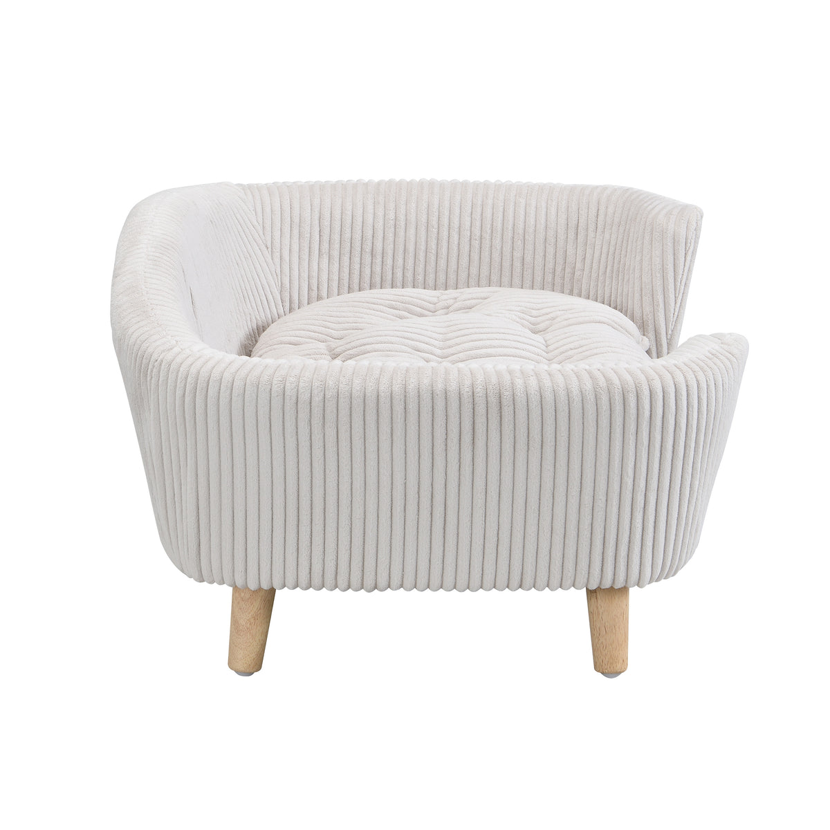 Elevated Dog Bed Frame for Small Dog, Corduroy Pet Couch Bed with Rubber Wood Legs and Supportive Foam, Beige , Easy Ass