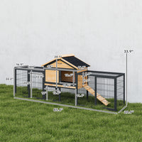 Wooden Rabbit Hutch Outdoor, 85" Large Bunny Cage with Steel Run, Removable Plastic Tray, Asphalt Roof, Ramp