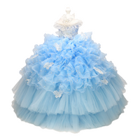 Handmade Luxury Pet Gown Trailing Dress Blue Chiffon Dog Gown Dog Dress