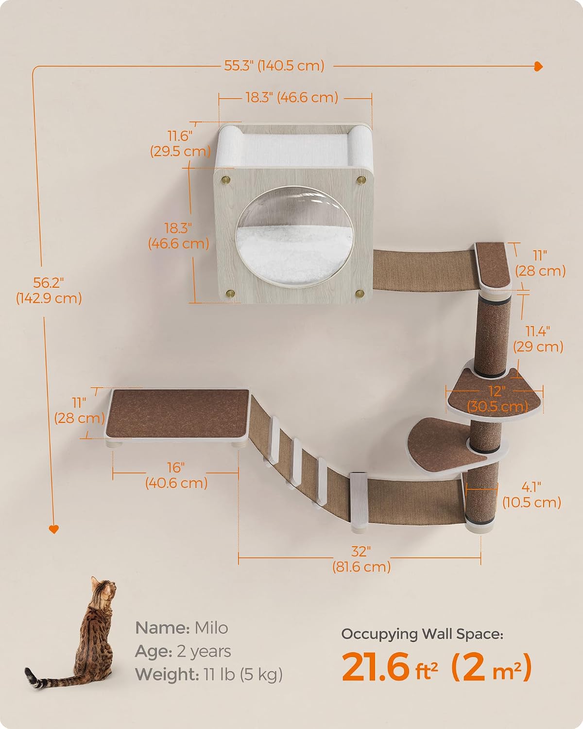 Set Of 5 Clickat Oasis Cat Climbing Wall, Cat Board, Hammock, Scratching Column, Interchangeable Washable Parts, Brown O