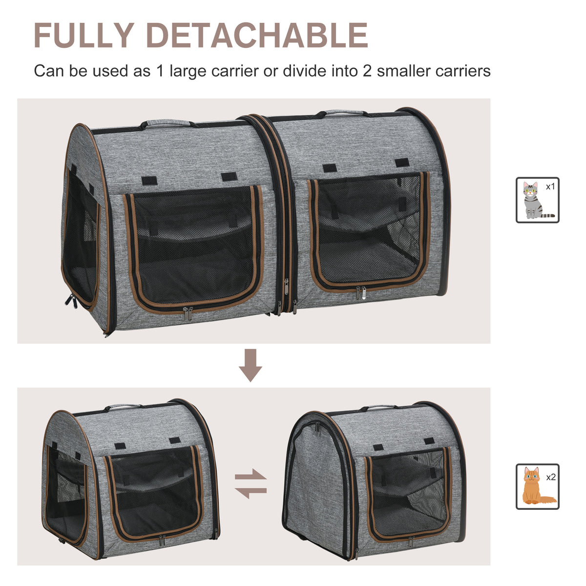 39" Portable Soft-Sided Cat Carrier, Cat Kennel, Travel Dog Crate with Divider, Two Compartments, Soft Cushions & Storag
