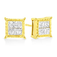 14K Yellow Gold 1.0 Cttw Invisible Set Princess-Cut Diamond Composite 8 Stone Stud Earrings (I-J Color, SI1-SI2 Clarity)