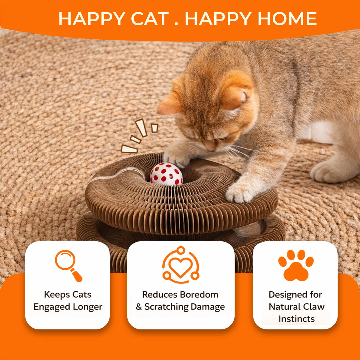 Kitty Curls Cat Toy - Foldable Accordion Cat Scratcher withBall - Magic Organ Cat Scratch Board for Interactive Play -Ca