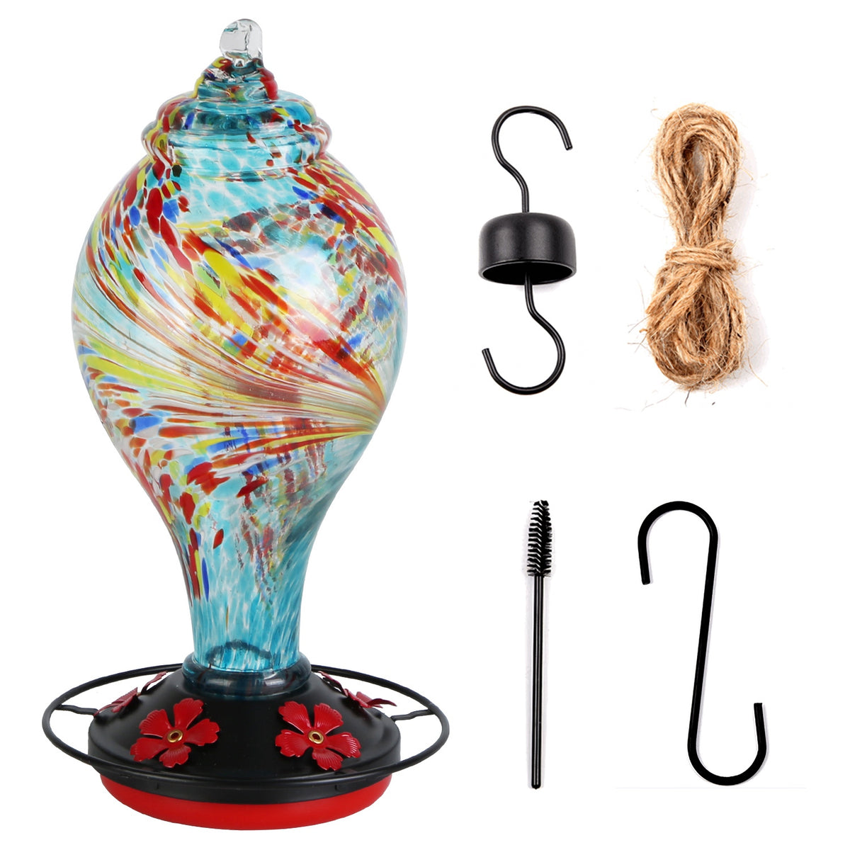 1Pc Glass Hummingbird Feeder 33OZ Hand Blown Hummingbird Feeder With 5 Flower Feeding Port Perch Ant Moat Hanging Hook S