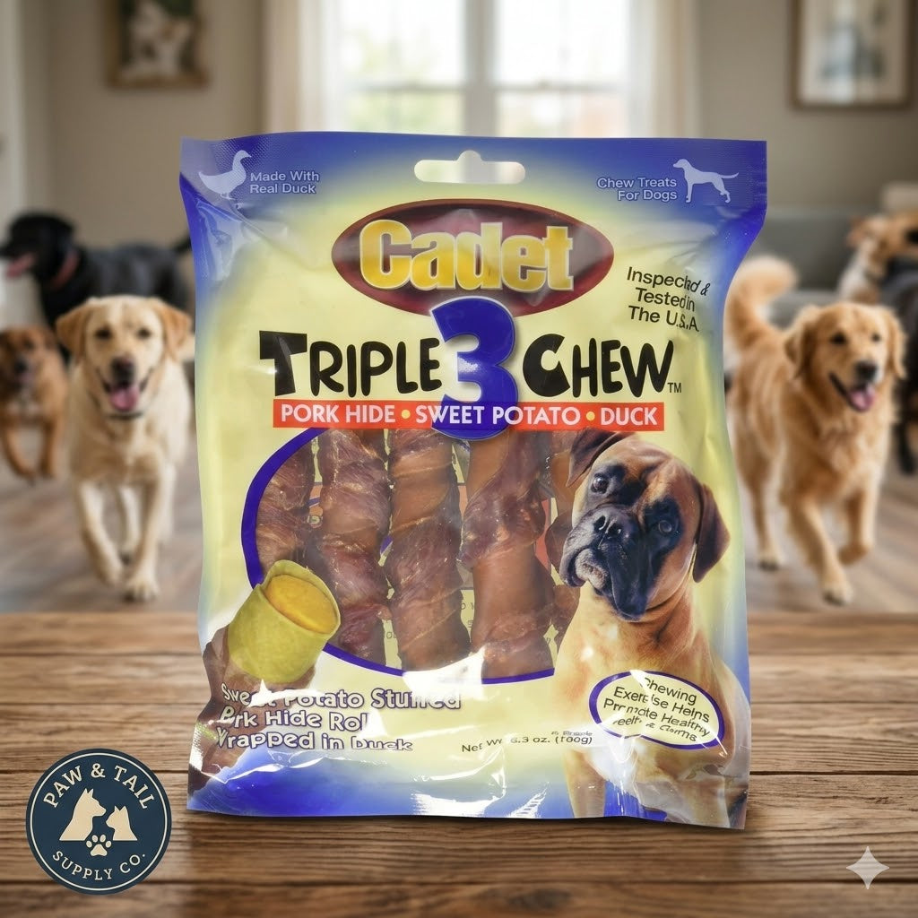 Cadet Triple Chew Duck & Sweet Potato Stuffed Pork Hide Rolls Dog Treats 6 Pack