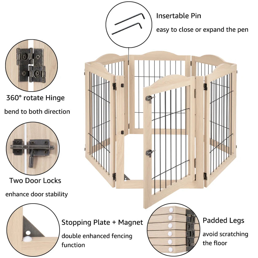 6-Panel Freestanding Solid Wood Dog Gate with Lockable Door, 132"L x 31.5"H – Foldable Pet Gate & Playpen, No Wall Mounting Required