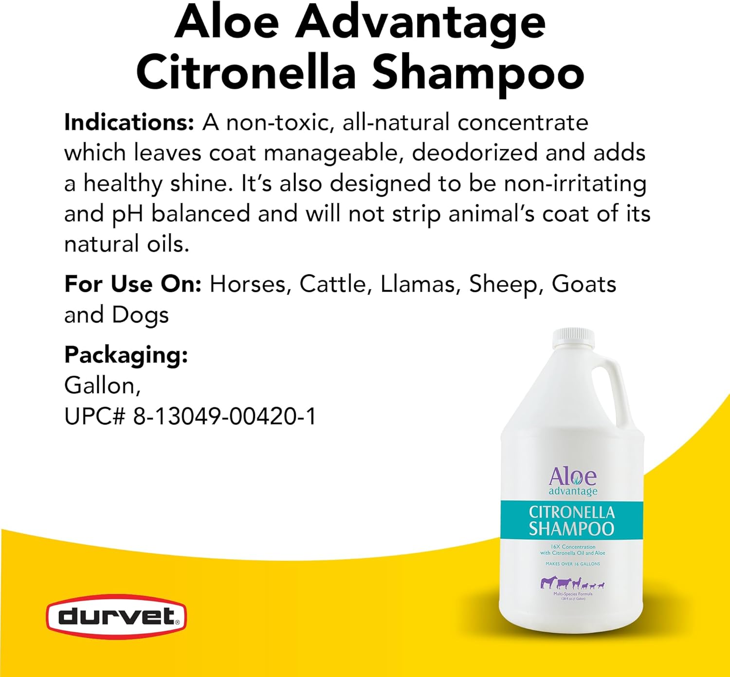 Durvet Citronella Shampoo Horses Dogs Livestock Natural Coat Cleaner Gallon