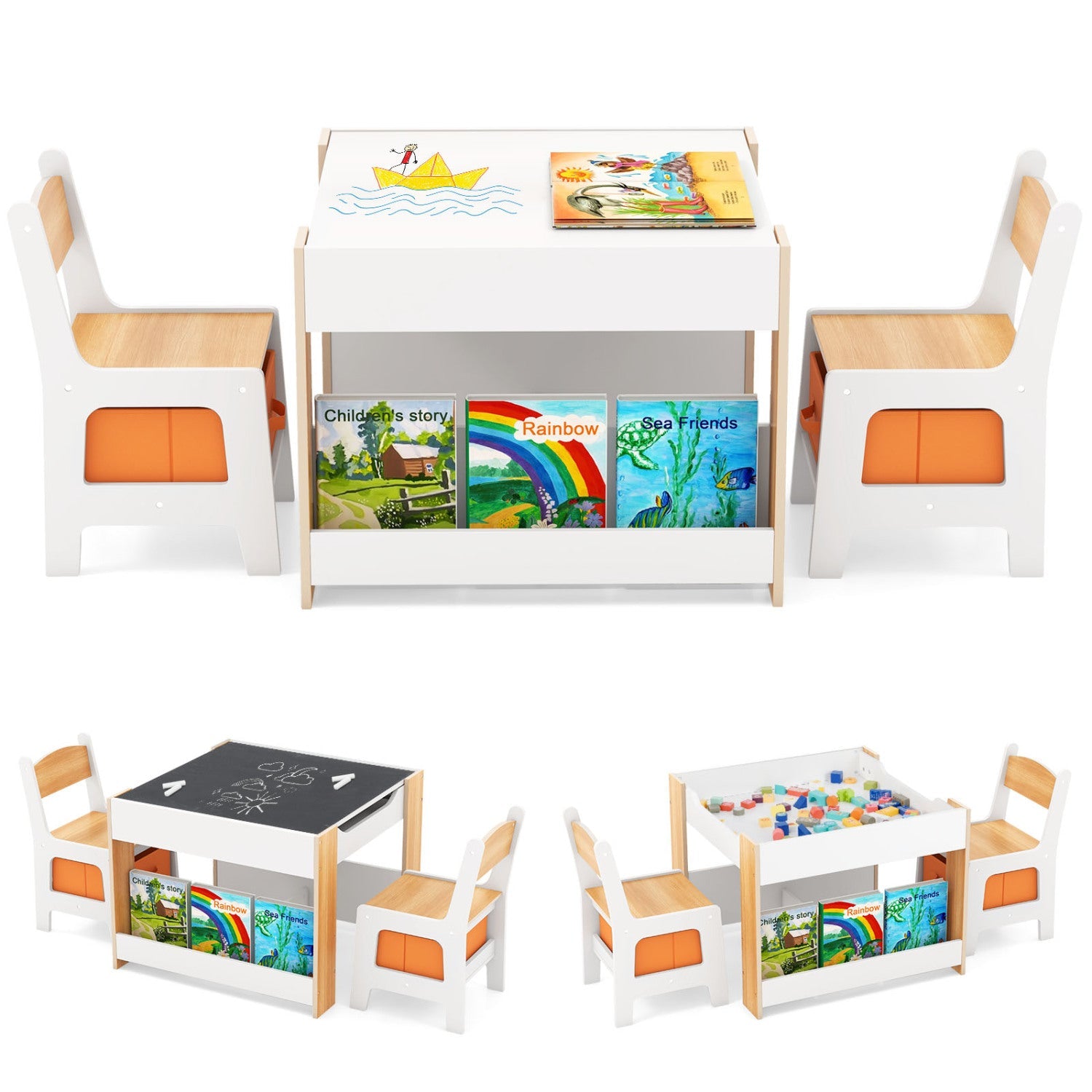 4 in 1 Kids Toddler Activity Table and Chairs Set with Reversible Tabletop