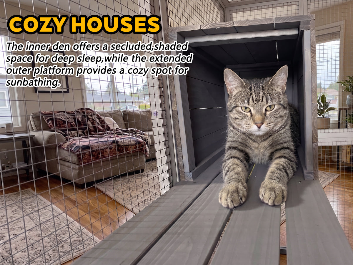 Gray Wooden Catio Pet Enclosure with Waterproof Top, Spacious and Secure Cat House & Small Animal Cage,2 Napping Boxes