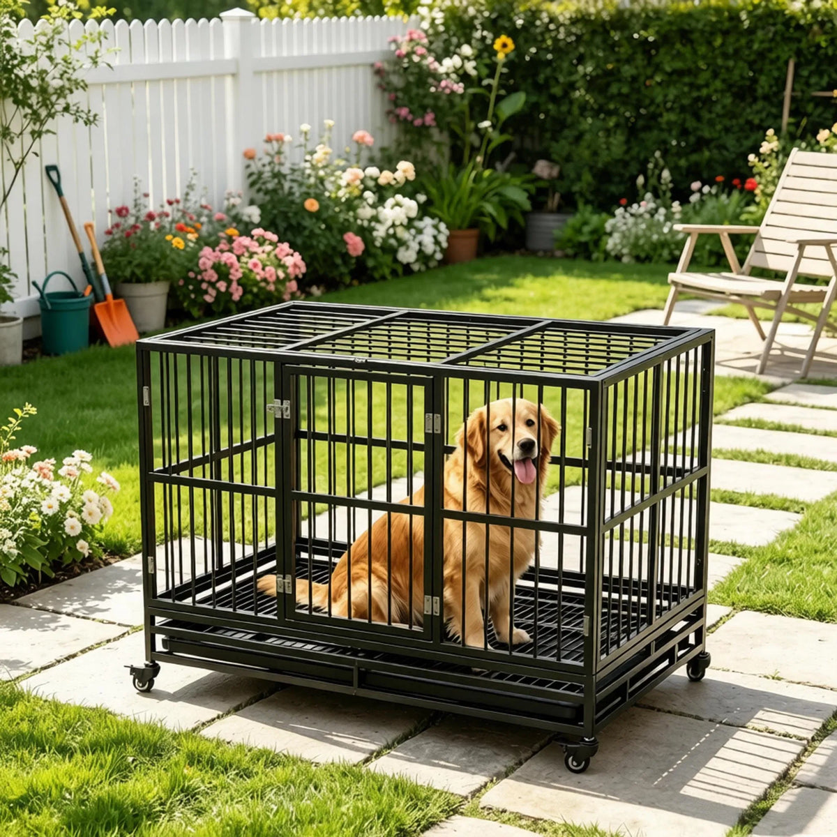 48" Heavy Duty Metal Dog Crate Kennel with Lockable Wheels Double Door Removable Tray Gray