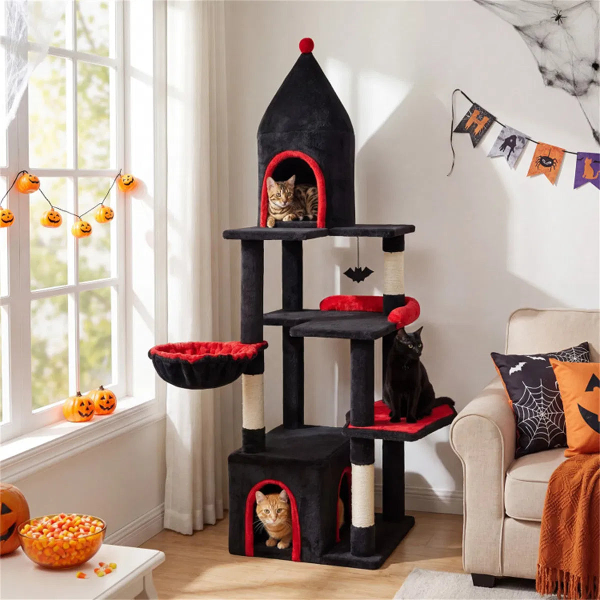 Gothic 5-Level Cat Tree 63" Tall with Sisal Scratching Posts Black Red Cat Tower
