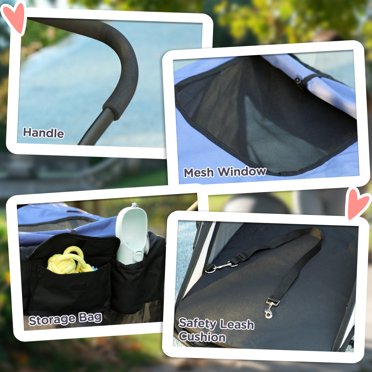 3 Wheels Dog Stroller W One-Hand Fold, Rubber Wheels, Storage Bag, Soft Cushion, For Small & Medium Dogs, Blue