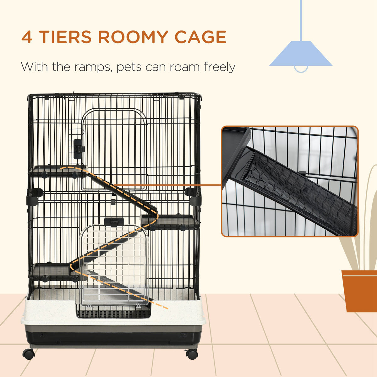 32"L 4-Level Small Animal Cage Rabbit Hutch with Universal Lockable Wheels, Slide-out Tray for Bunny, Chinchillas, Ferre