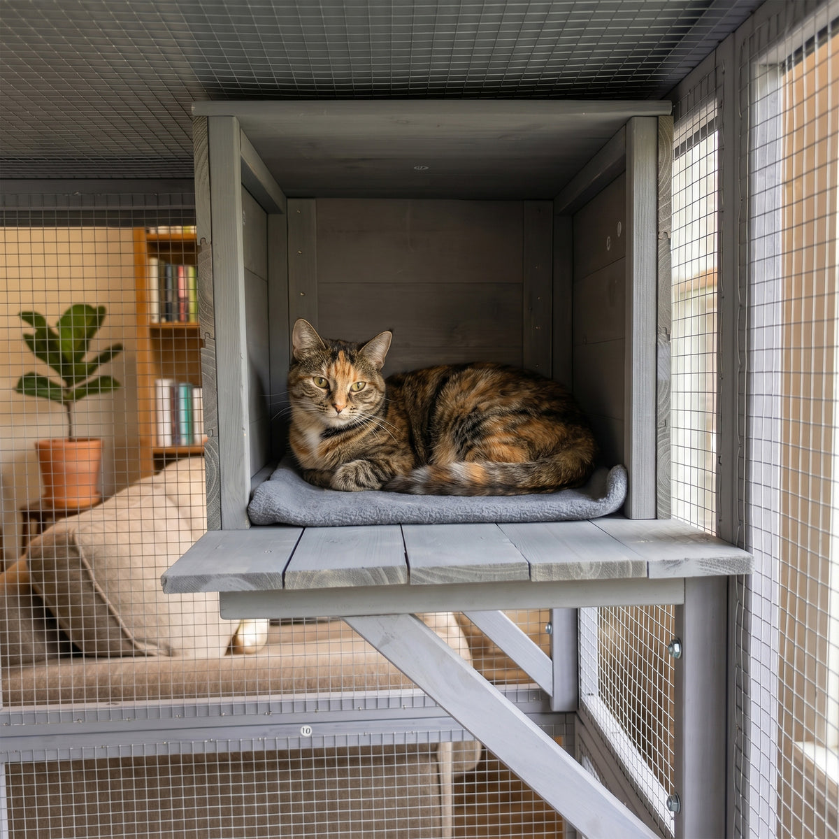Outdoor Wooden Catio Multi-functional Cat Enclosure, 4 Platforms & 2 Napping Houses, 2 Strong Locks, Rounded Corner, Ste