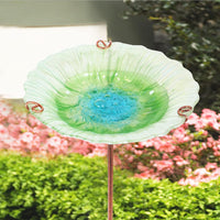 26 Inch Height Glass Birdbath Birdfeeder with Metal Stake Garden Outdoor Green - BIG FRENCHIES