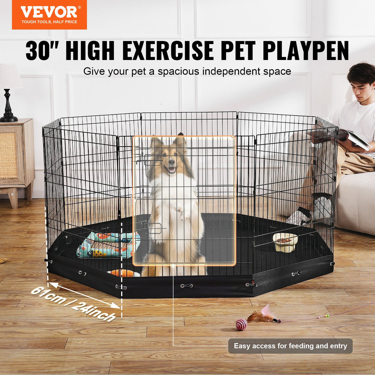 Dog Playpen 8 Panels Foldable Metal Dog Exercise Pen With Bottom Pad 30"H