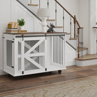 47.2 Mobile Dog Crate With Flip-Top Feeding Door, Dual-Access & 5 Caster System 2 Locking, Side Hooks - Multi-Functional