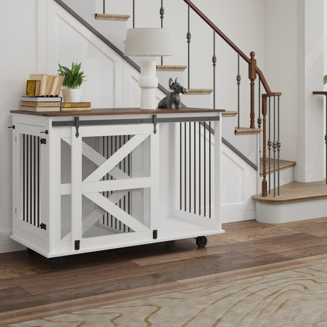 47.2 Mobile Dog Crate With Flip-Top Feeding Door, Dual-Access & 5 Caster System 2 Locking, Side Hooks - Multi-Functional