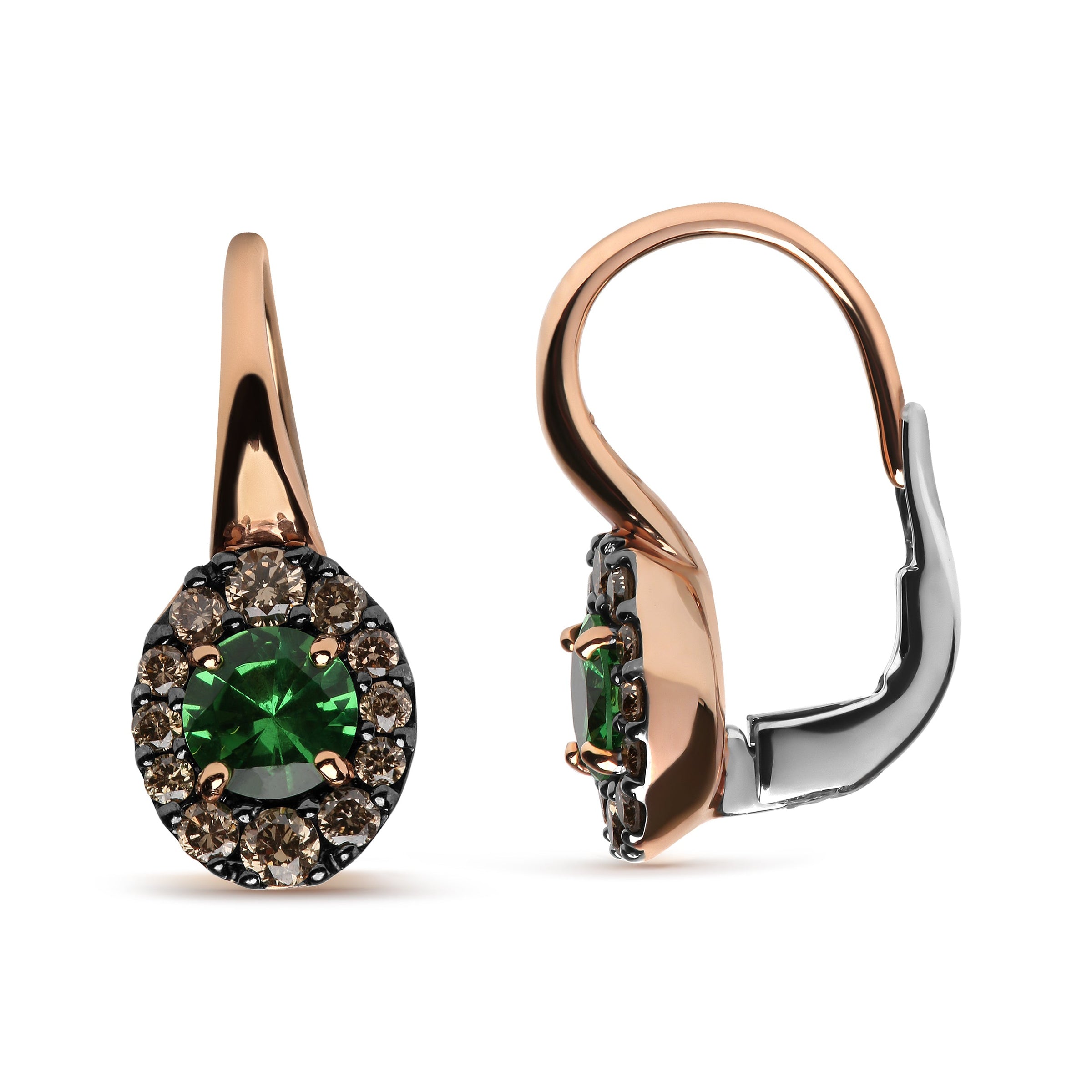 18K Rose and White Gold 3/8 Cttw Round Brown Diamonds and Round Green Tsavorite Gemstone Halo Drop Hoop Earrings (Brown Color, SI1-SI2 Clarity)