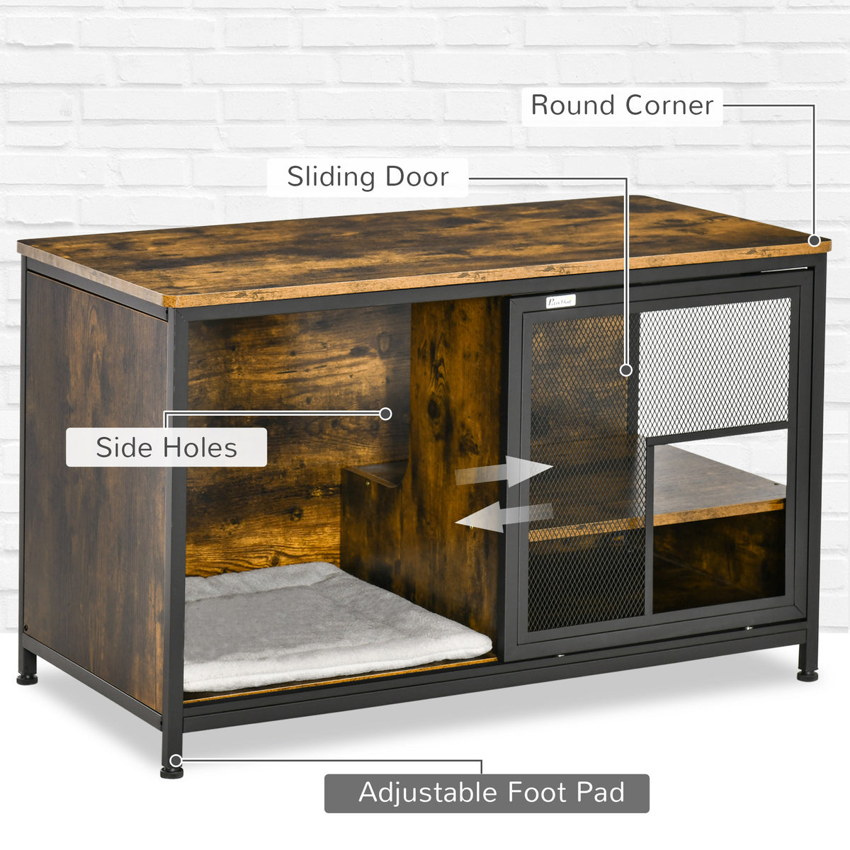 Wooden Cat Crate, Furniture Style Dog Cage, Puppy Kennel Indoor, End Table Pet House with Cushion and Sliding Doors, Rus