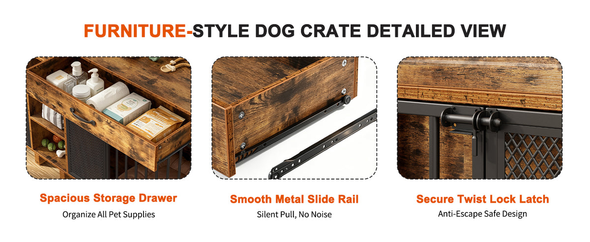 Large Wooden Dog Crate Furniture, Multi-Functional Pet Cage Cabinet with Storage