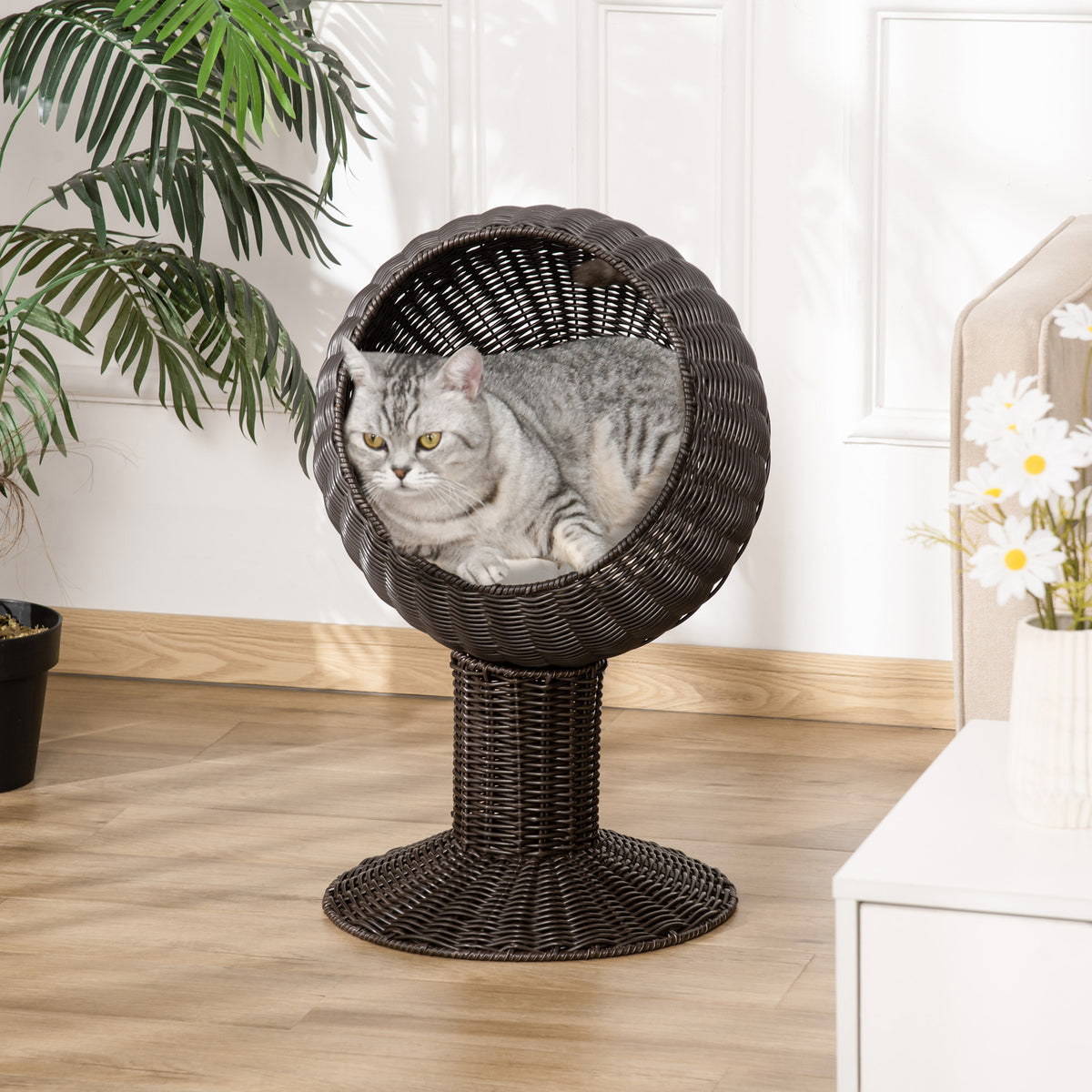 Elevated Cat Bed with Rotatable Egg Chair Pod, Cat Basket Bed with Thick Cushion, Natural Mat Grass Woven Kitty House, C