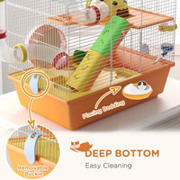 3 Tiers Hamster Cage for Gerbil, Dwarf Hamster with Tunnels, Water Bottle, Exercise Wheel, 18" x 11" x 15" - Orange